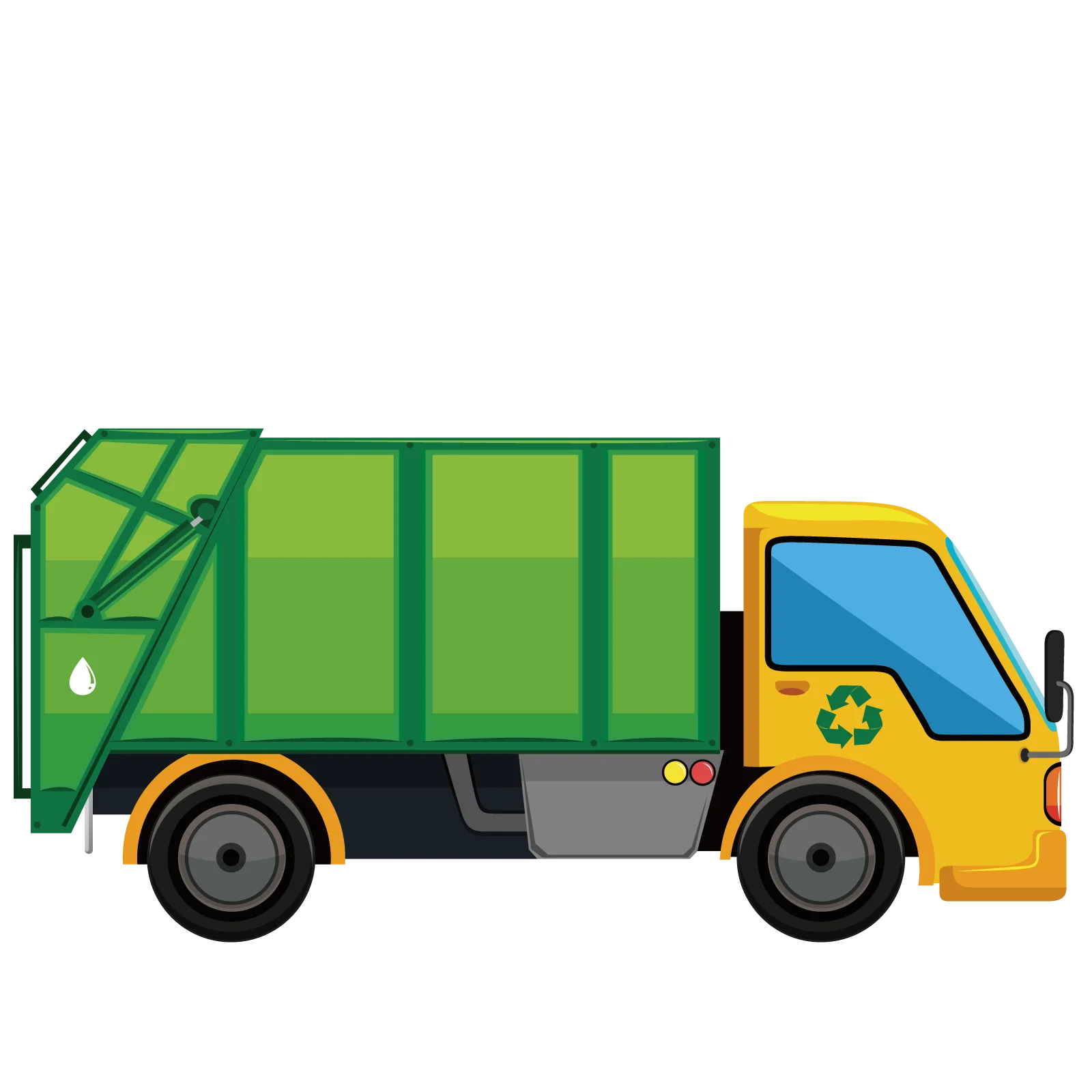 Green and Yellow Garbage Truck Clipart Illustration for Waste Management Designs