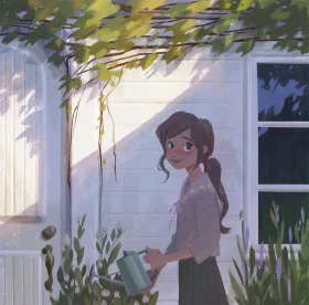 Serene Morning Solitude: Young Girl Watering Plants in Soft Sunlight Clipart Illustration