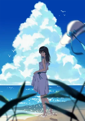 Serene Seaside Solitude: Anime-Inspired Coastal Clipart of Contemplative Moment
