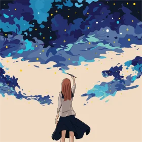 Solitary Silhouette Gazing into Ethereal Night Sky Anime Clipart Landscape