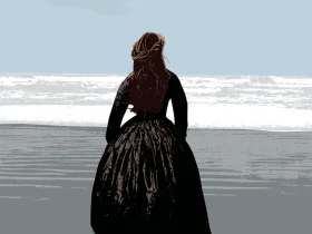 Solitary Silhouette of a Victorian Era Woman Contemplating the Seascape Clipart
