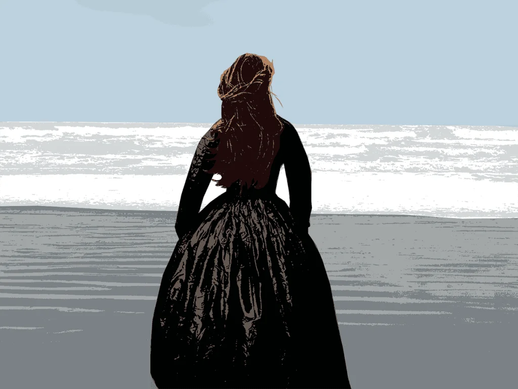 Solitary Silhouette of a Victorian Era Woman Contemplating the Seascape Clipart
