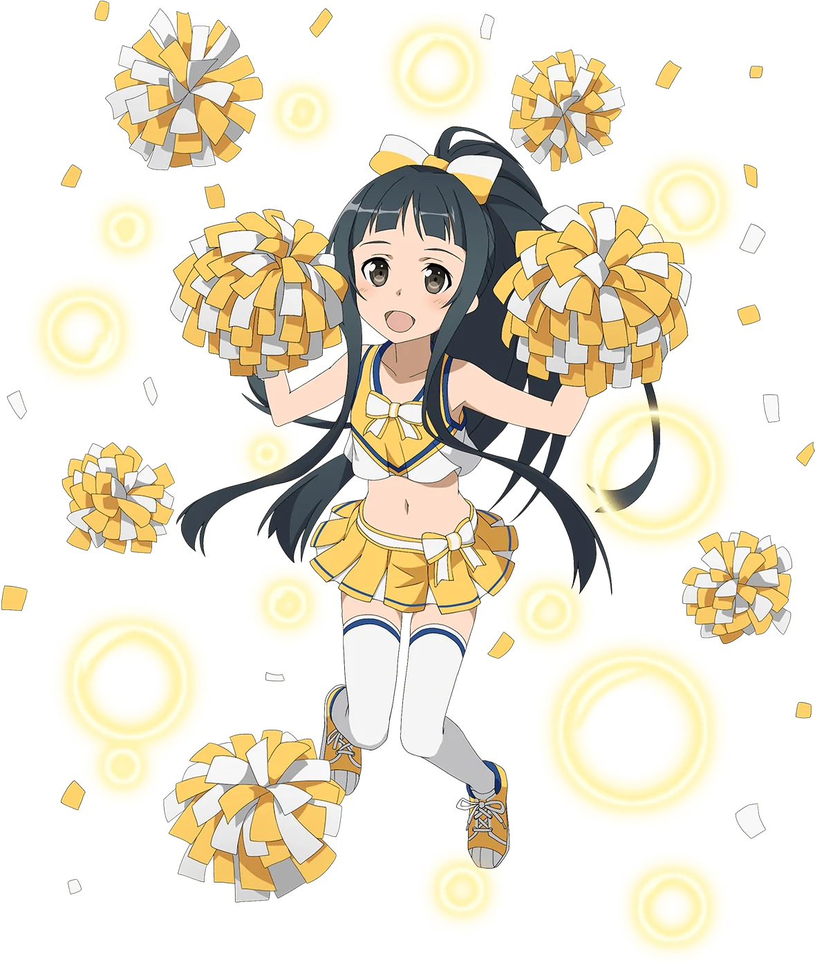 Anime-Inspired Cheerleader Clipart with Energetic Yellow Pom-Poms and Radiant Background