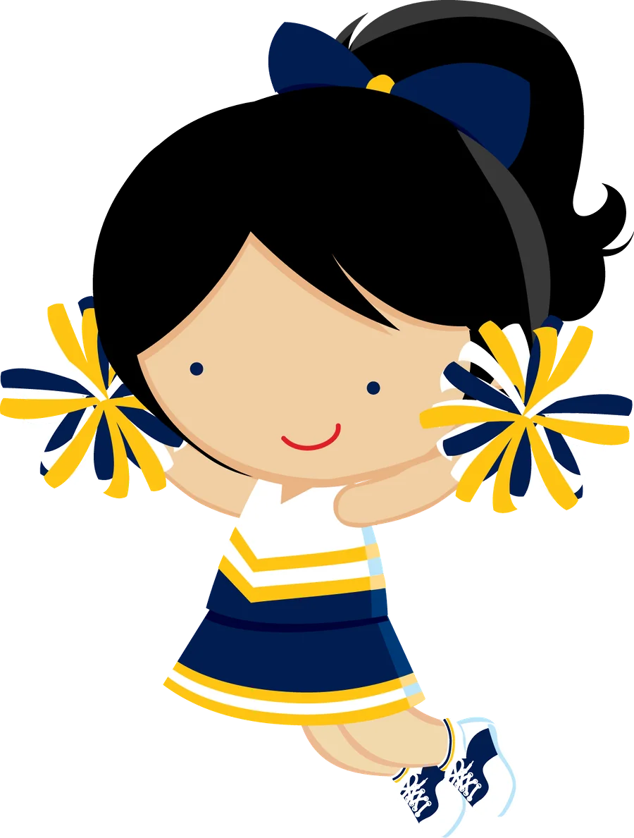 Cute Little Cheerleader with Blue and Yellow Pom-Poms Cartoon Clipart Design