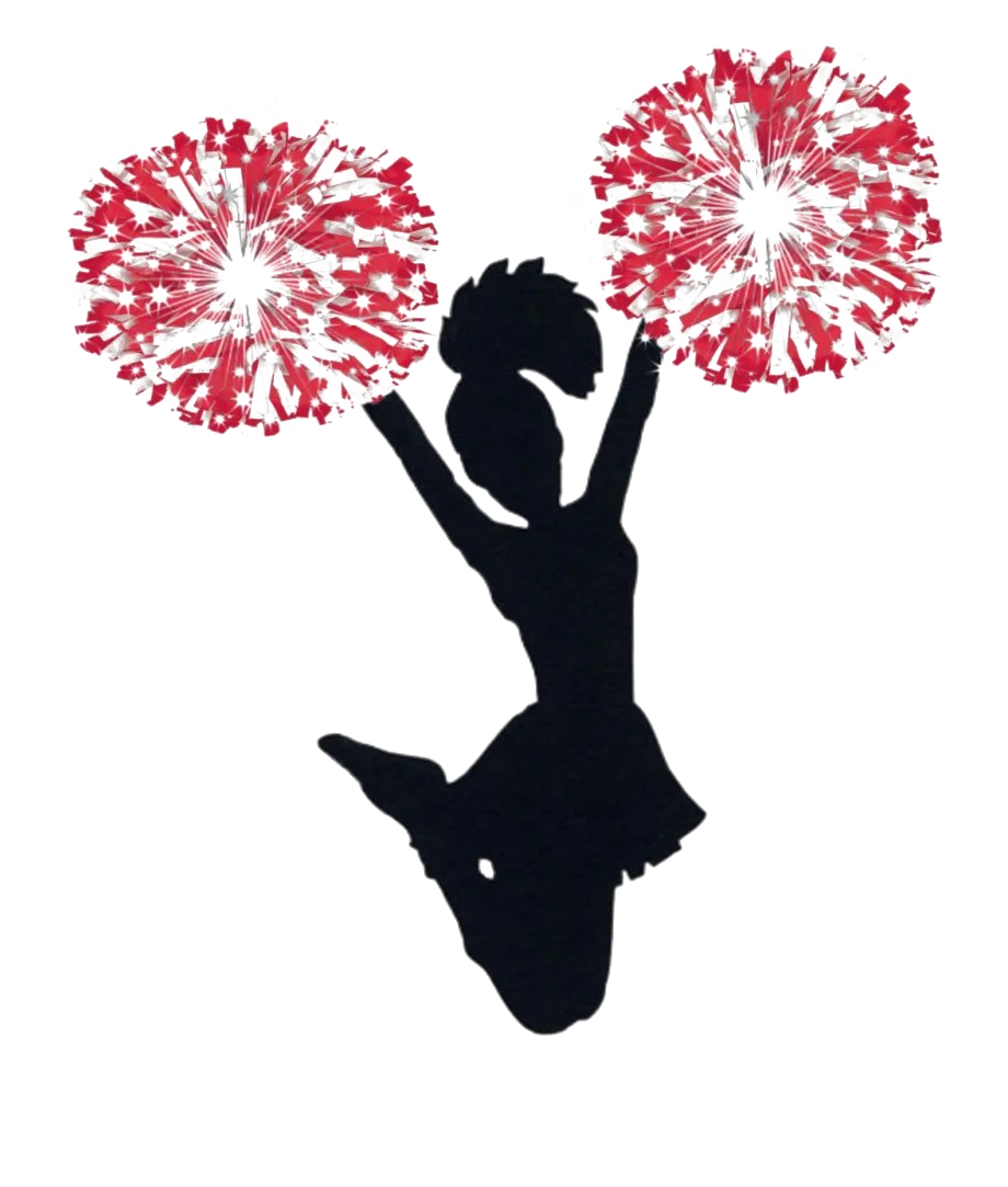 Energetic Cheerleader Silhouette Jumping with Red and White Pom-Poms Clipart Design