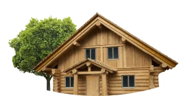 Rustic Wooden Cabin Clipart with Lush Green Tree in Natural Setting