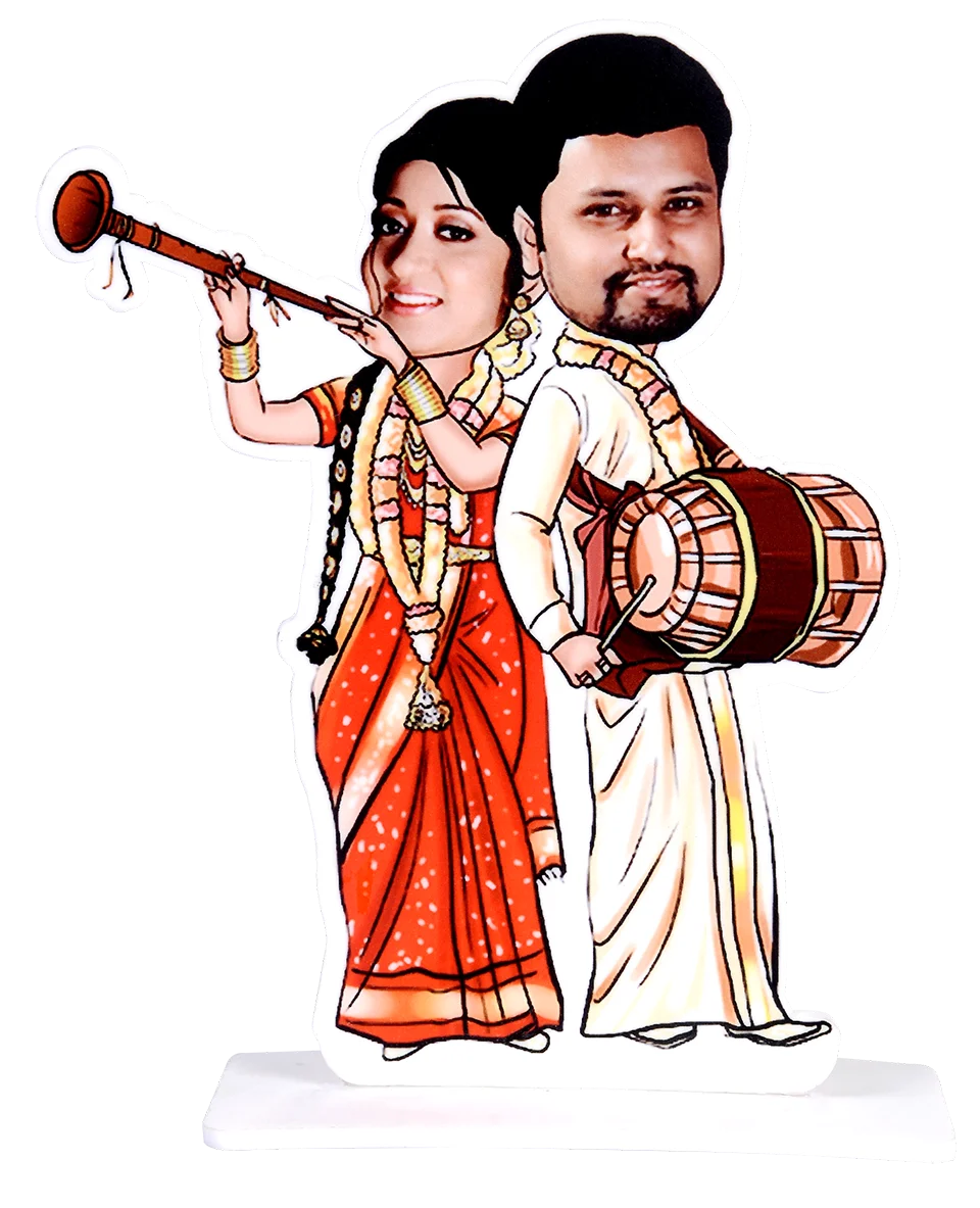 Traditional South Indian Wedding Couple Caricature Clipart with Musical Instruments