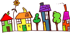 Whimsical Neighborhood Street of Playful and Colorful Houses Clipart Design