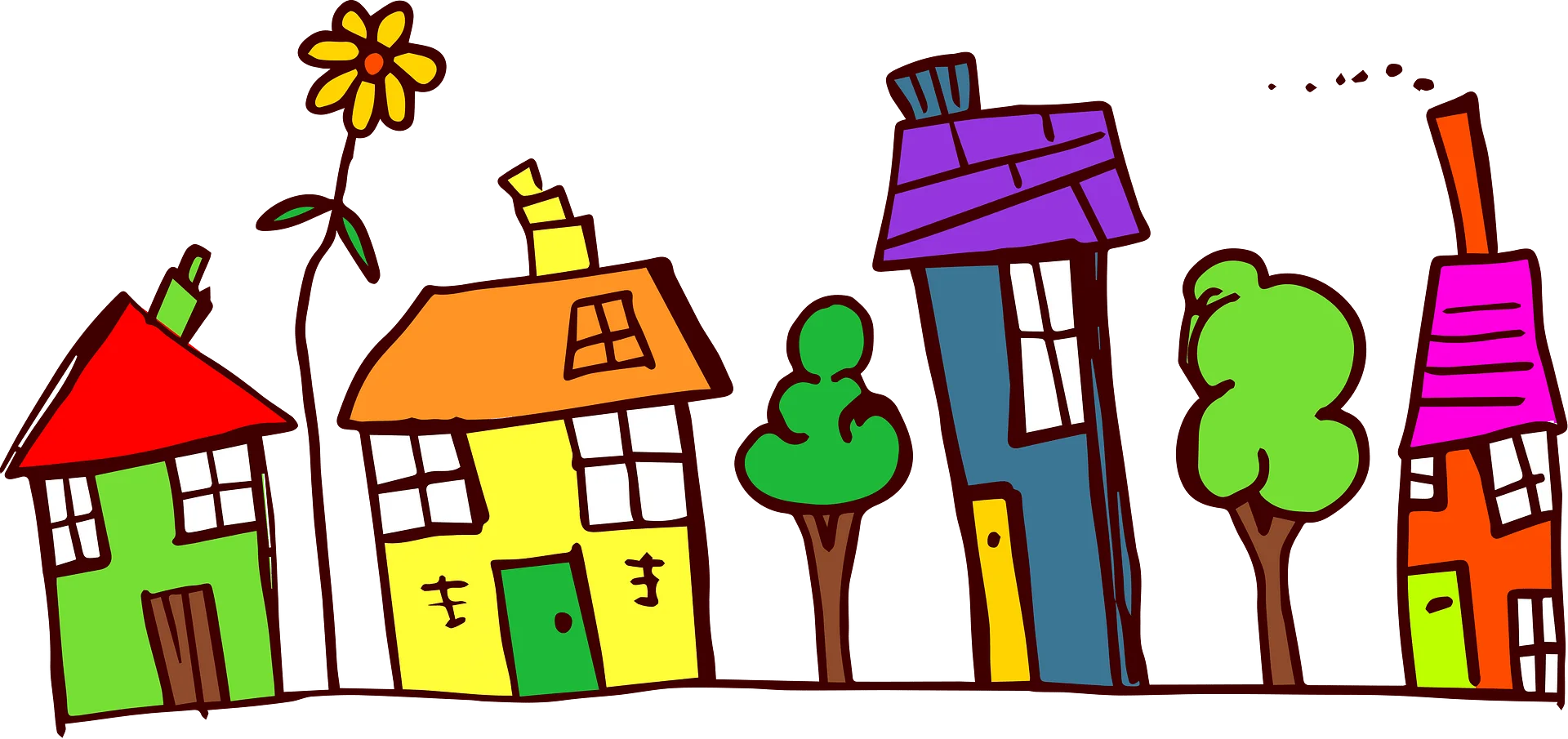 Whimsical Neighborhood Street of Playful and Colorful Houses Clipart Design