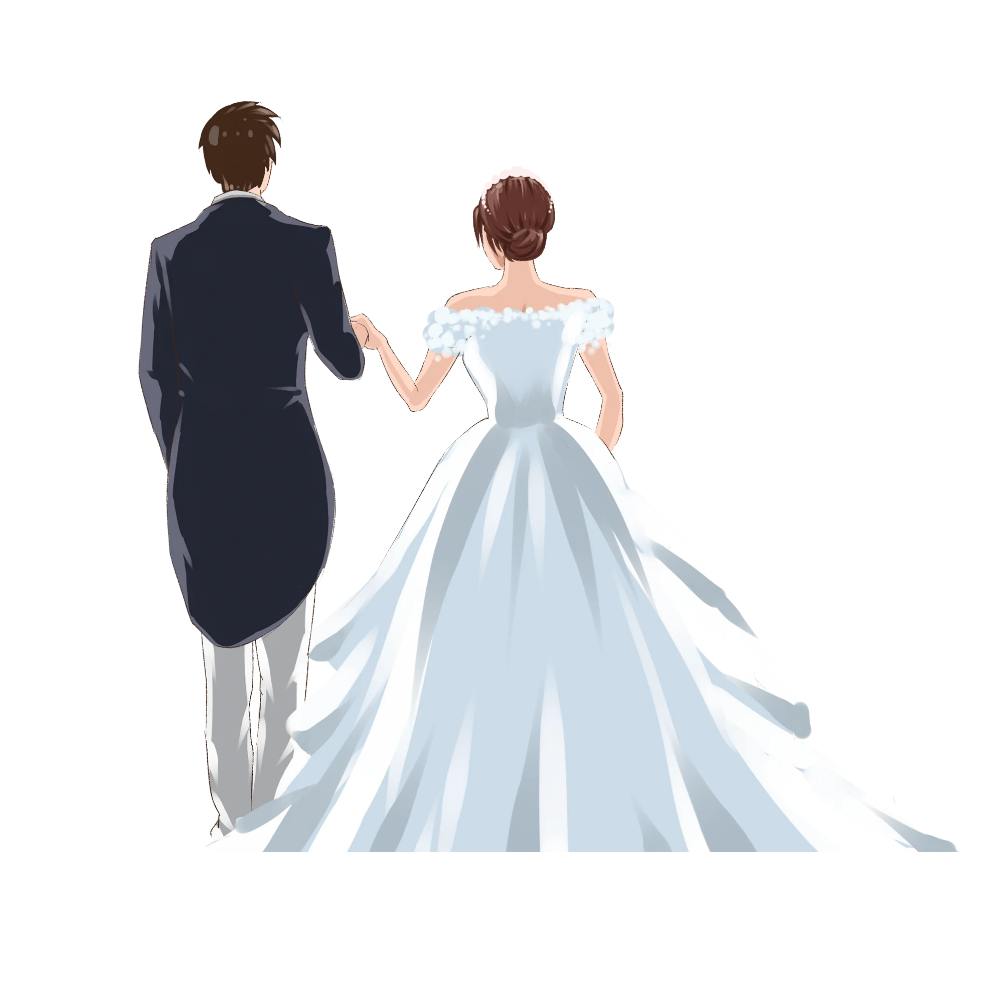 Elegant Wedding Couple Clipart Illustration of Bride and Groom Walking Away