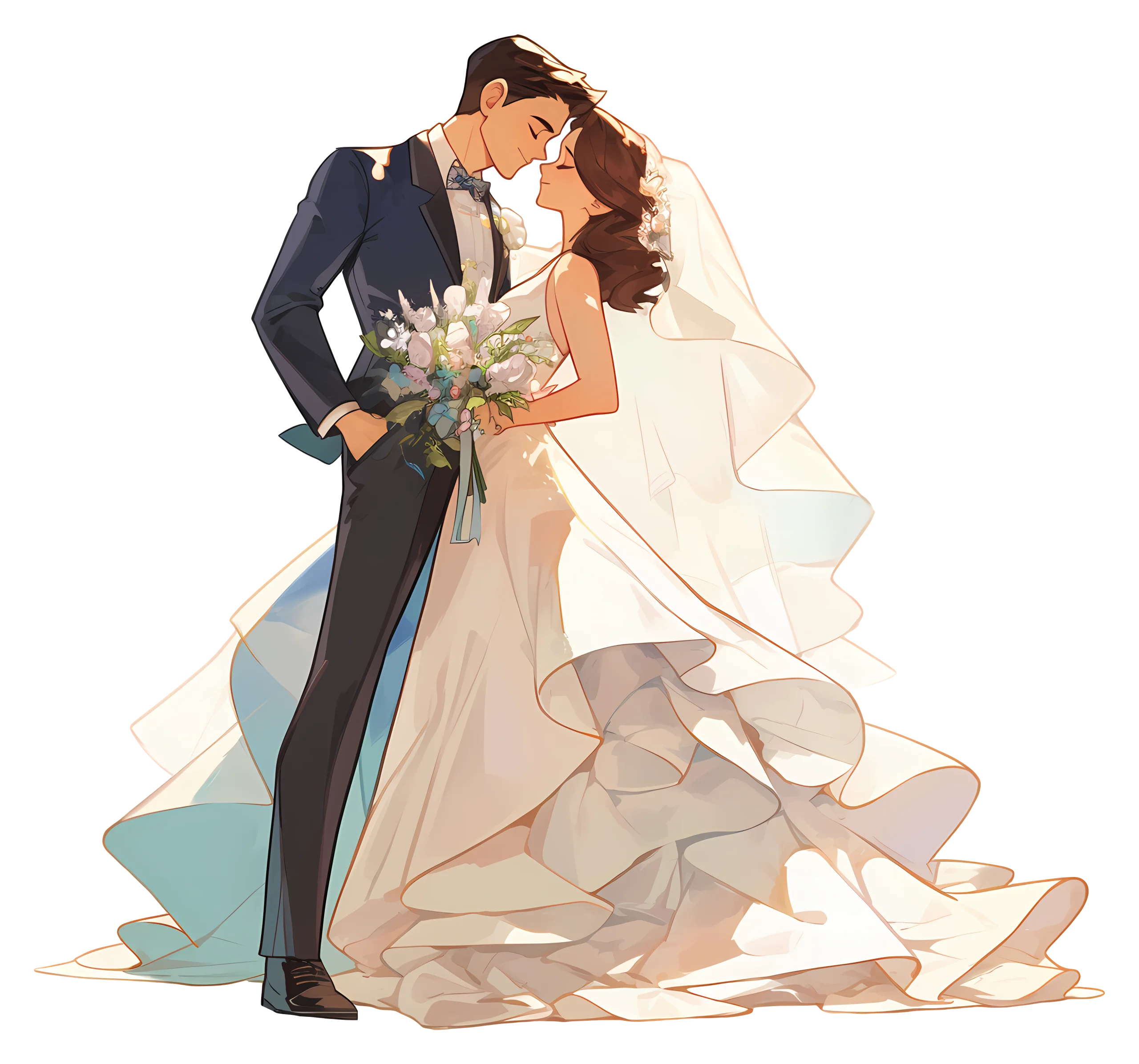 Elegant Wedding Couple Embrace in Soft Watercolor Wedding Clipart Illustration