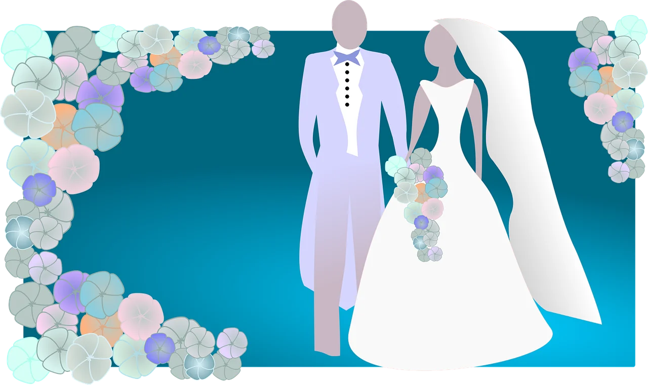Elegant Wedding Couple Silhouettes in Soft Pastel Tones Clipart Design
