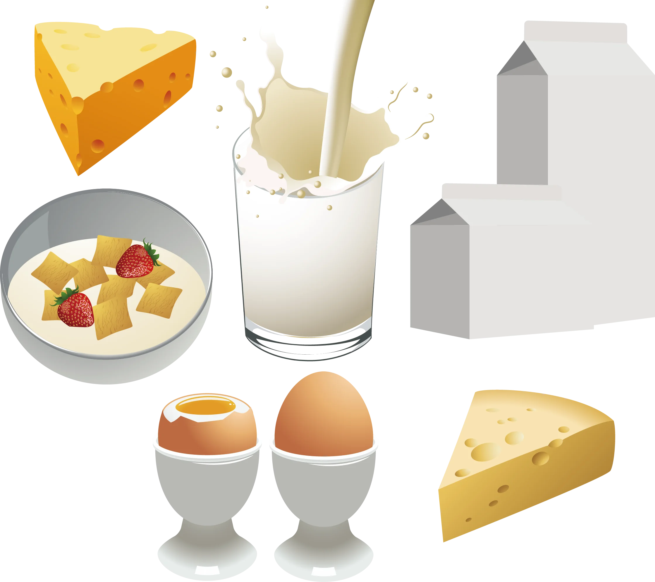 Delightful Breakfast Ingredients Clipart: Milk, Cheese, Eggs, and More