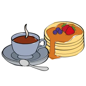 Delightful Morning Breakfast Clipart with Steaming Coffee and Fluffy Pancake Stack