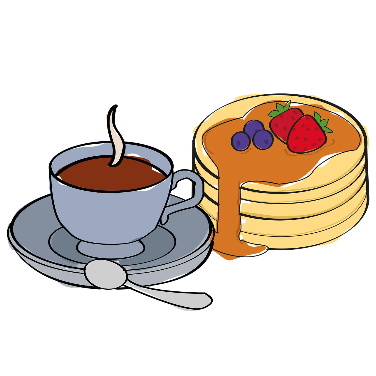Delightful Morning Breakfast Clipart with Steaming Coffee and Fluffy Pancake Stack