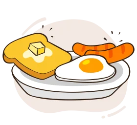 Delightful Morning Meal Clipart: Sunny Side Up Egg, Toast, and Sausage Breakfast Scene