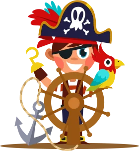 Cheerful Cartoon Pirate Captain Steering Ship with Parrot and Anchor Clipart