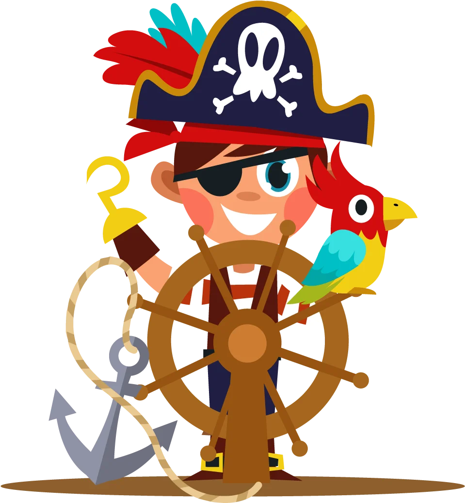 Cheerful Cartoon Pirate Captain Steering Ship with Parrot and Anchor Clipart