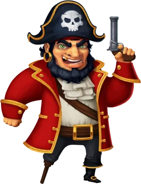 Fearsome Cartoon Pirate Captain Clipart with Skull Tricorn Hat and Blunderbuss