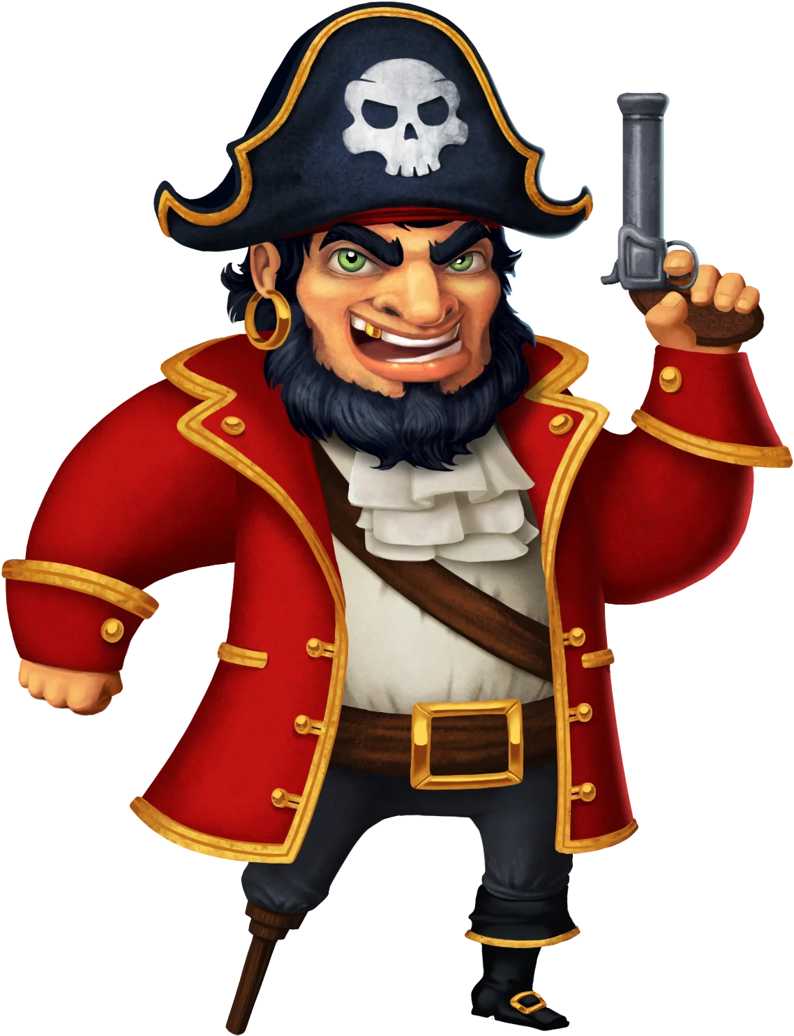 Fearsome Cartoon Pirate Captain Clipart with Skull Tricorn Hat and Blunderbuss