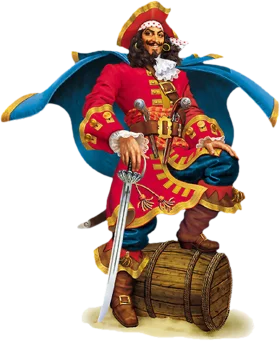 Flamboyant Pirate Captain Standing Triumphantly on Wooden Barrel Clipart Illustration