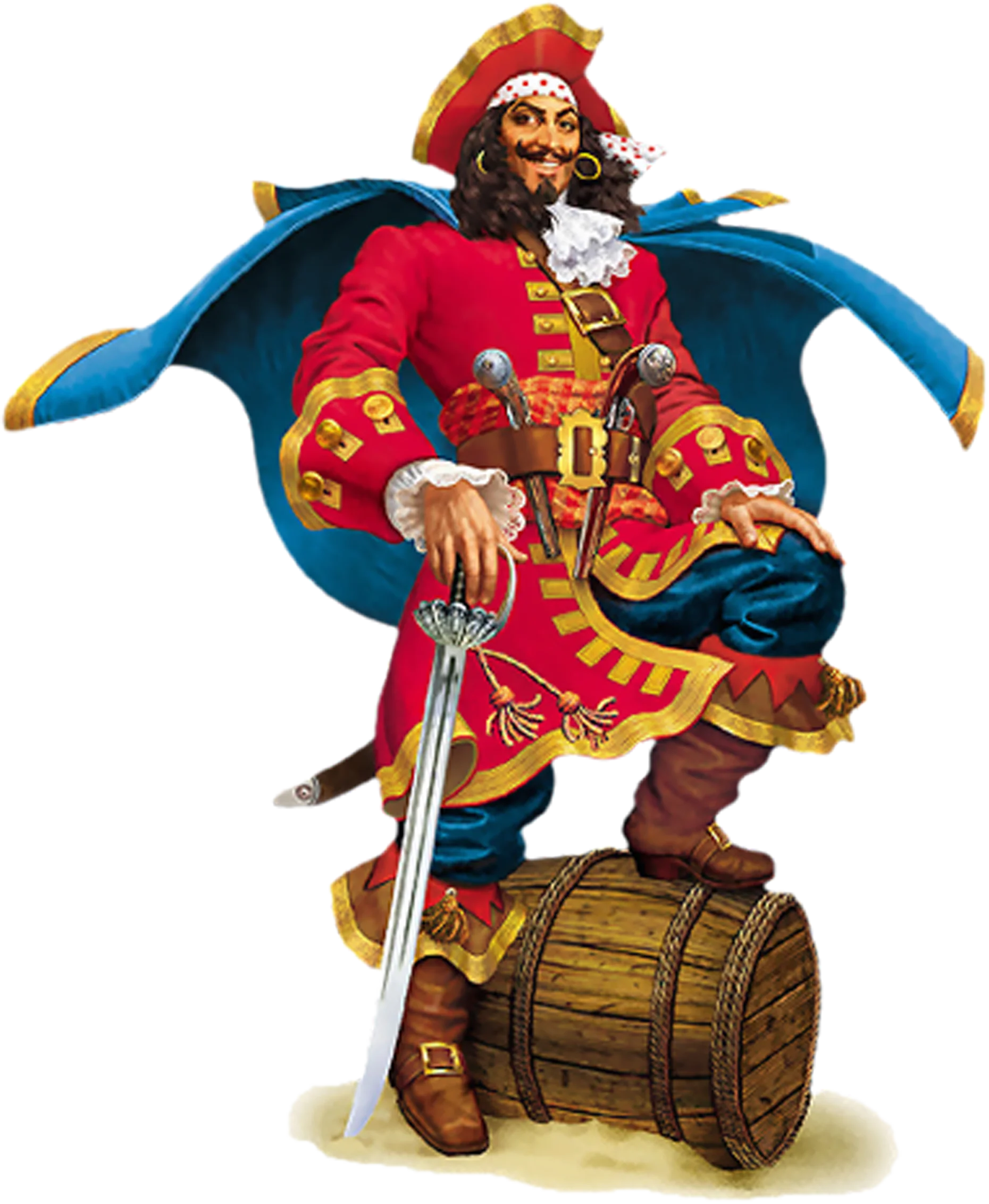 Flamboyant Pirate Captain Standing Triumphantly on Wooden Barrel Clipart Illustration