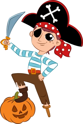 Playful One-Eyed Pirate Kid Standing on Pumpkin with Sword Clipart Adventure