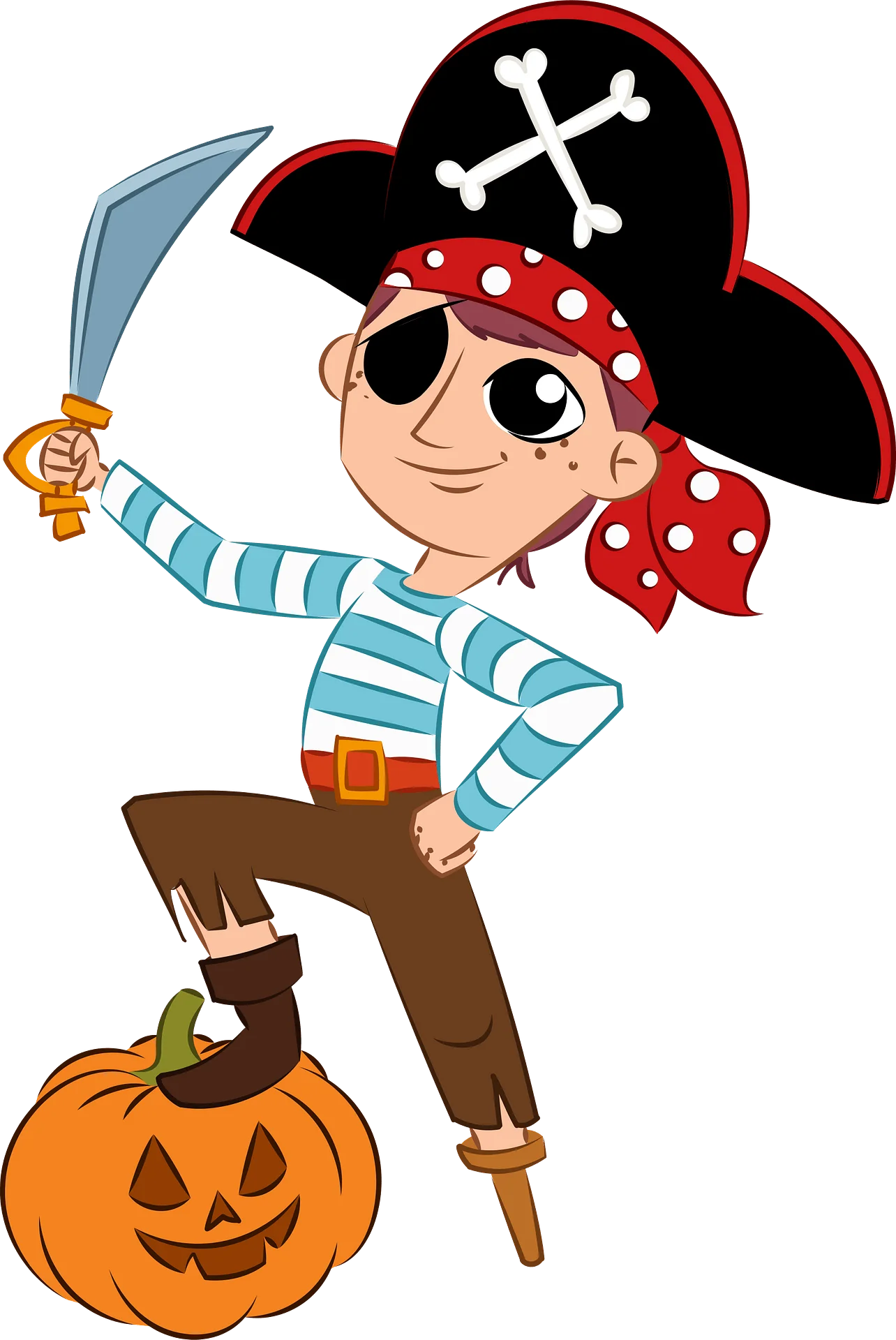 Playful One-Eyed Pirate Kid Standing on Pumpkin with Sword Clipart Adventure