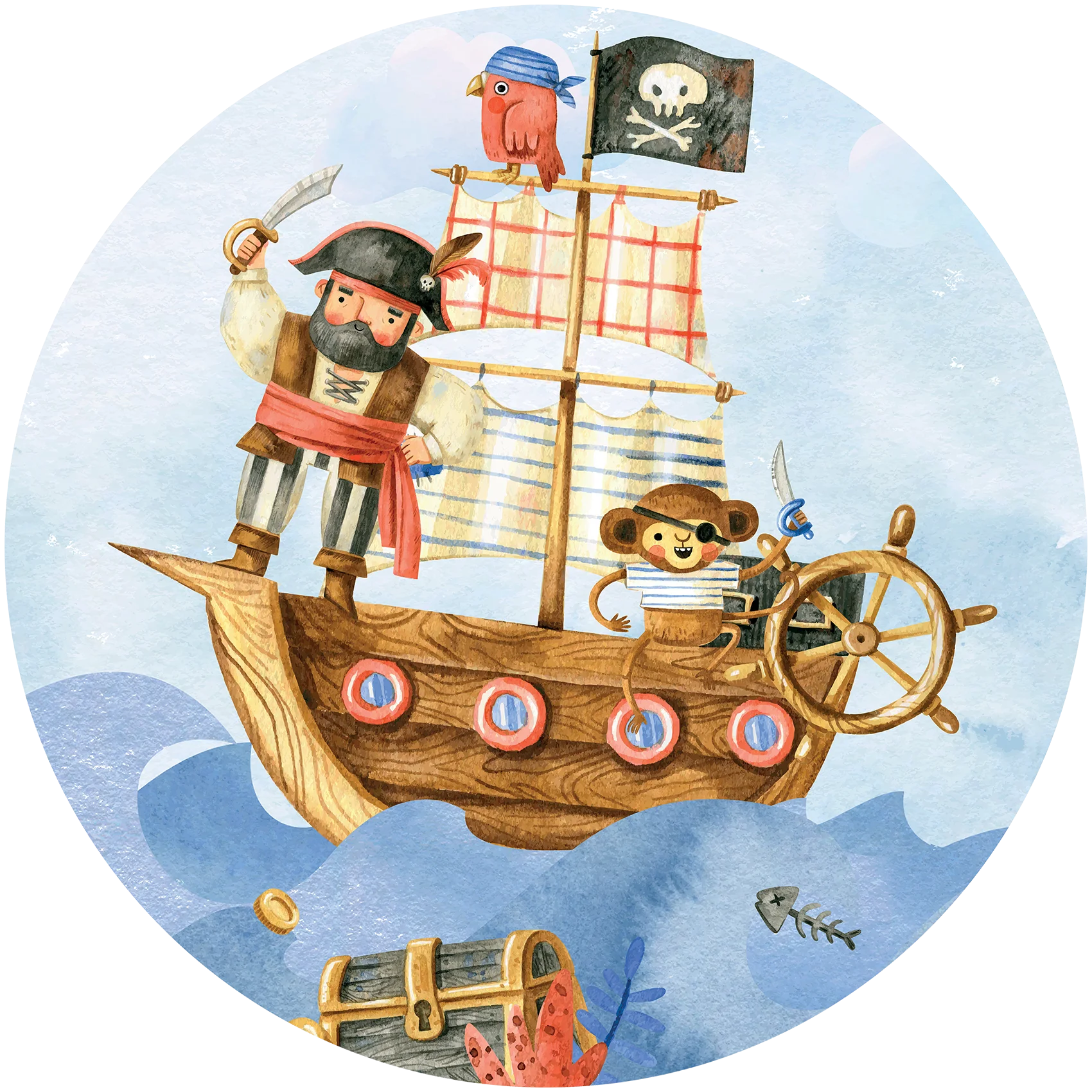 Whimsical Cartoon Pirate Ship Adventure Clipart with Cheerful Characters