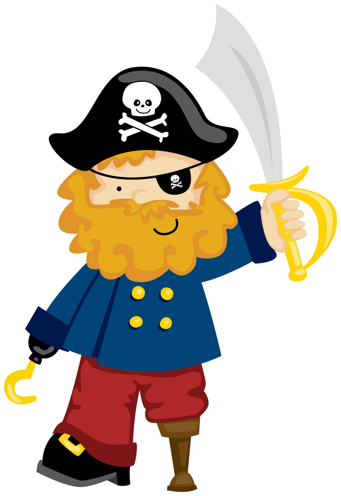 Whimsical One-Eyed Bearded Pirate Clipart with Sword and Peg Leg