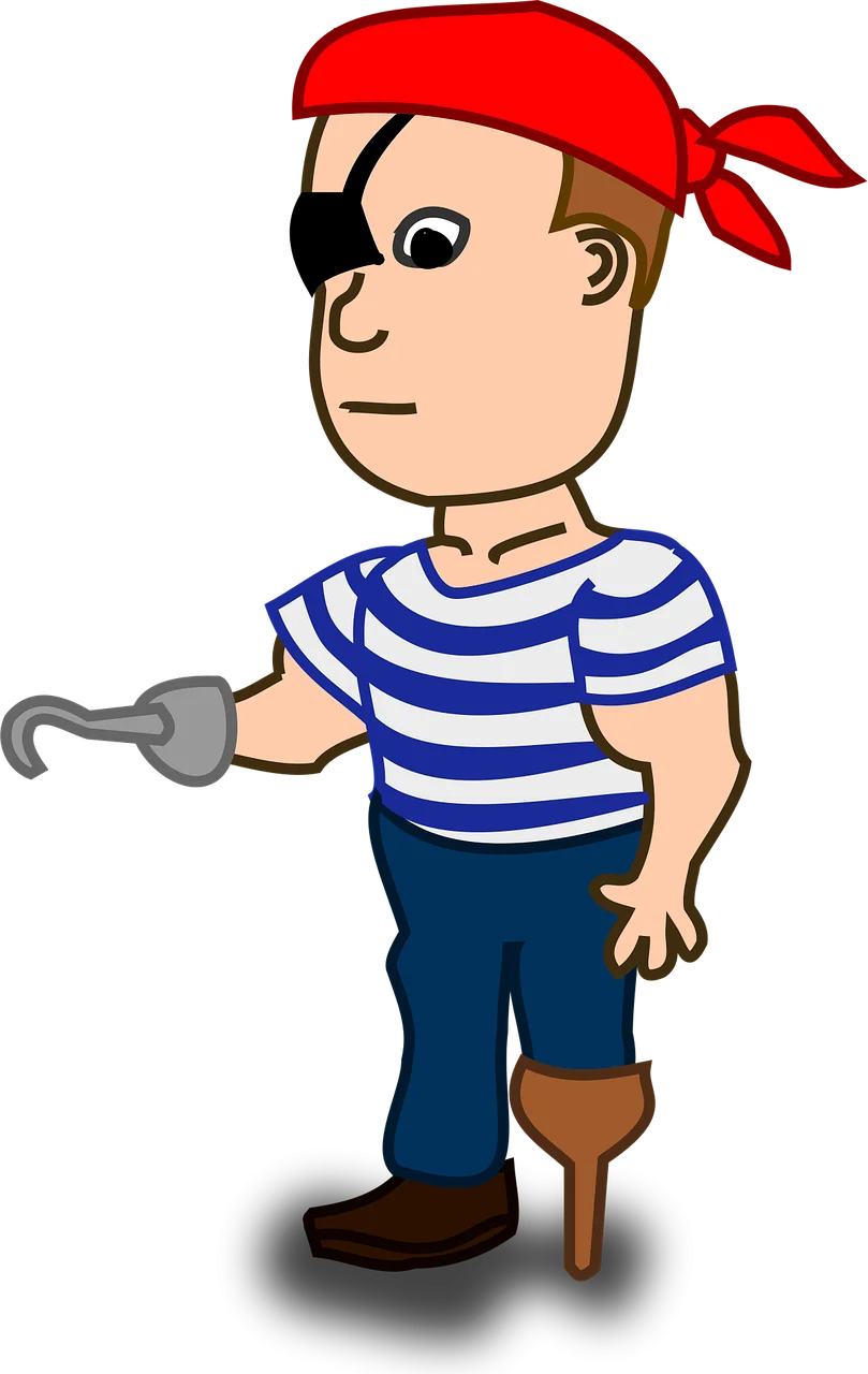 Whimsical One-Legged Pirate Clipart Character with Striped Shirt and Hook