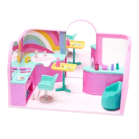 Adorable Pink and Teal Hair Salon Clipart with Rainbow Background