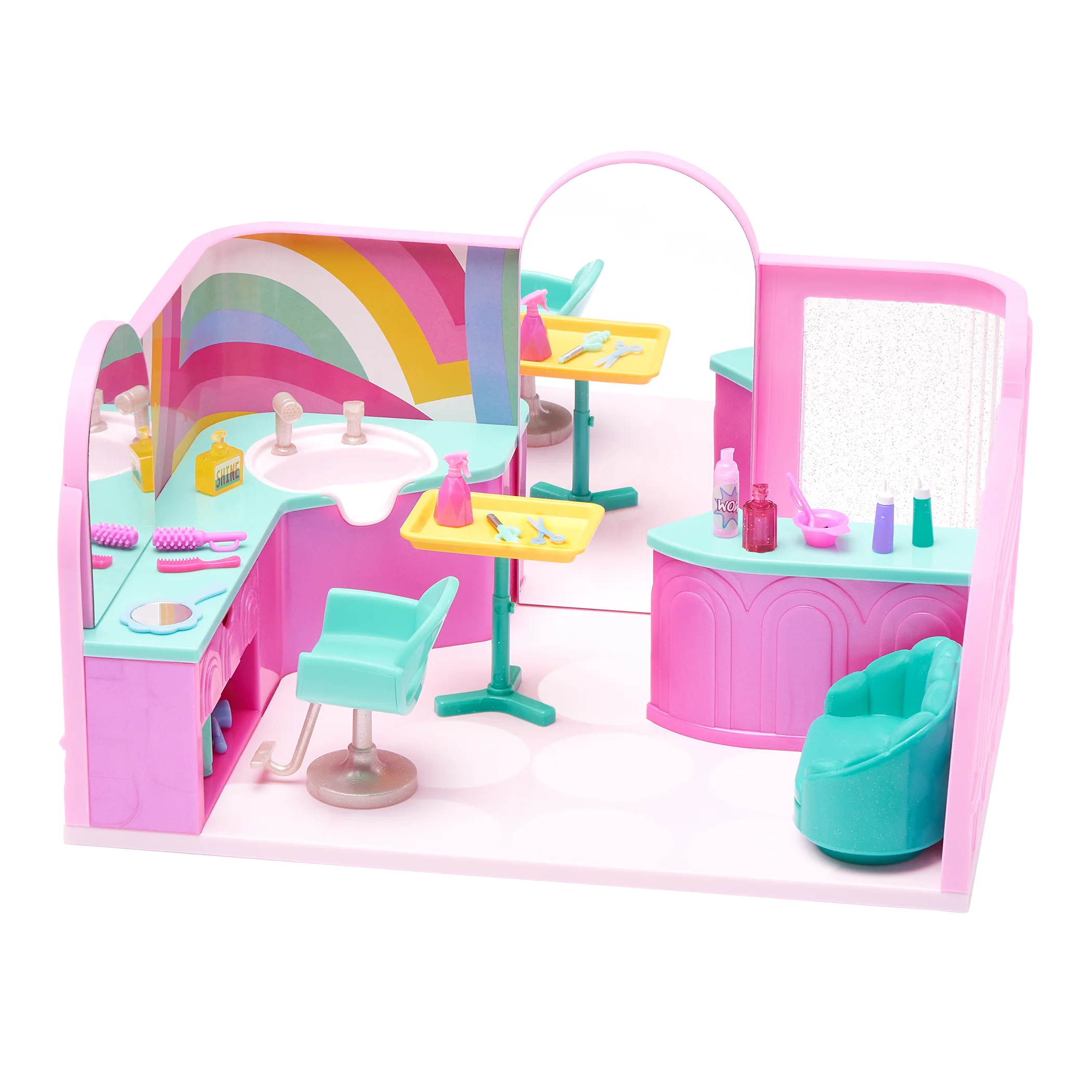 Adorable Pink and Teal Hair Salon Clipart with Rainbow Background
