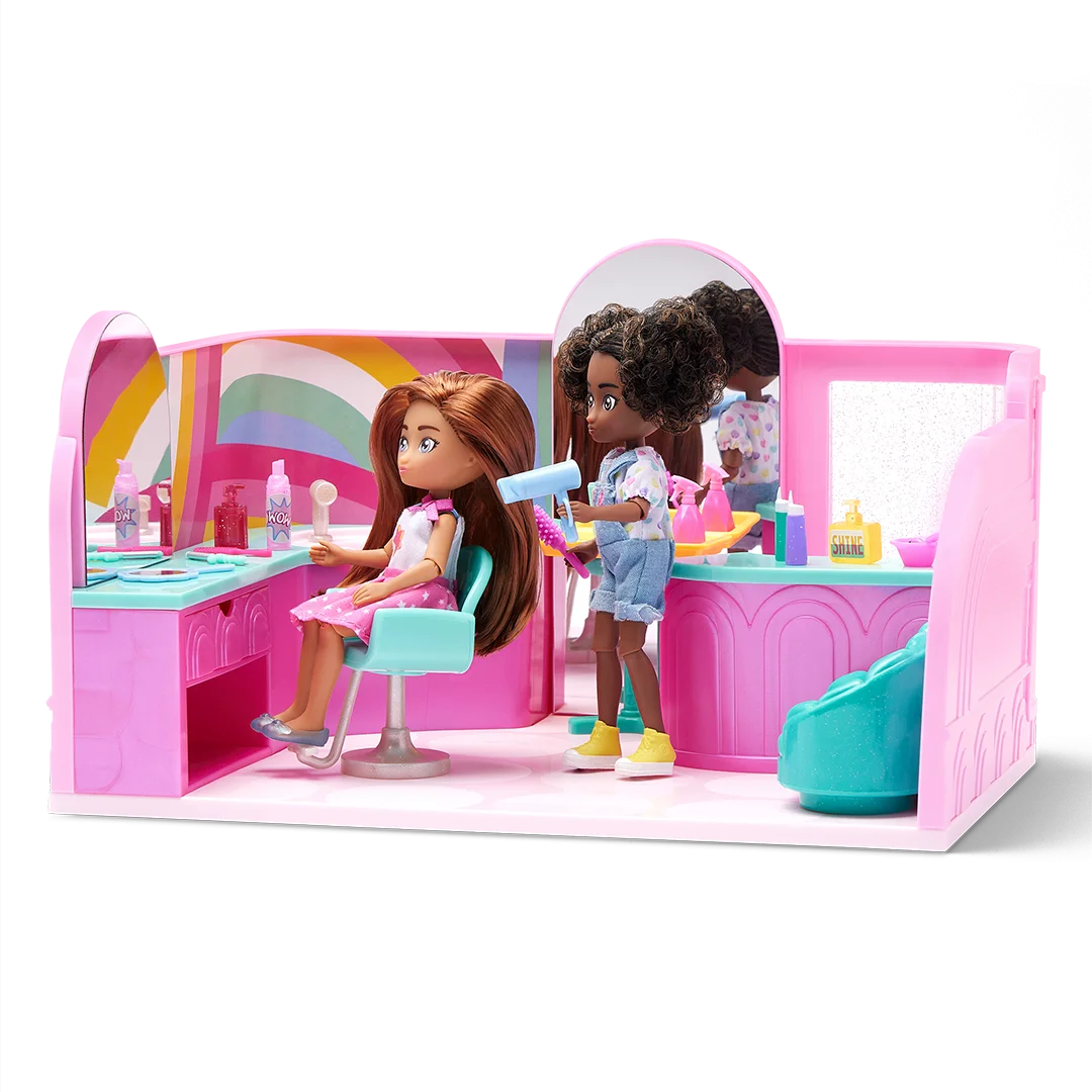 Adorable Pink Hair Salon Clipart with Playful Doll Styling Scene