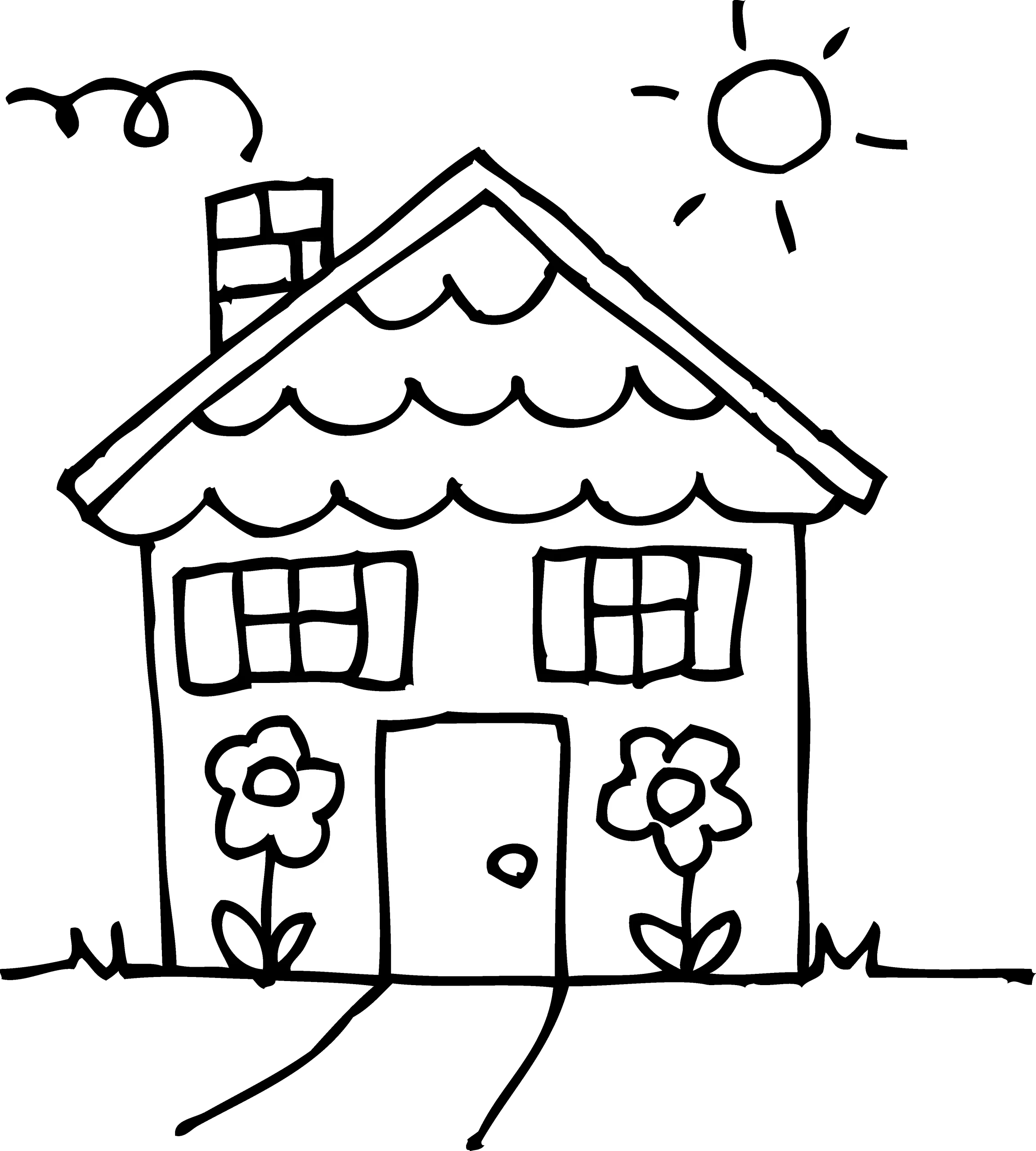 Charming Black and White House Clipart: Cheerful Home with Blooming Flowers