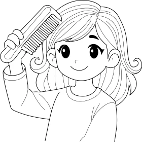 Cheerful Young Girl Brushing Hair Adorable Black and White Clipart Illustration