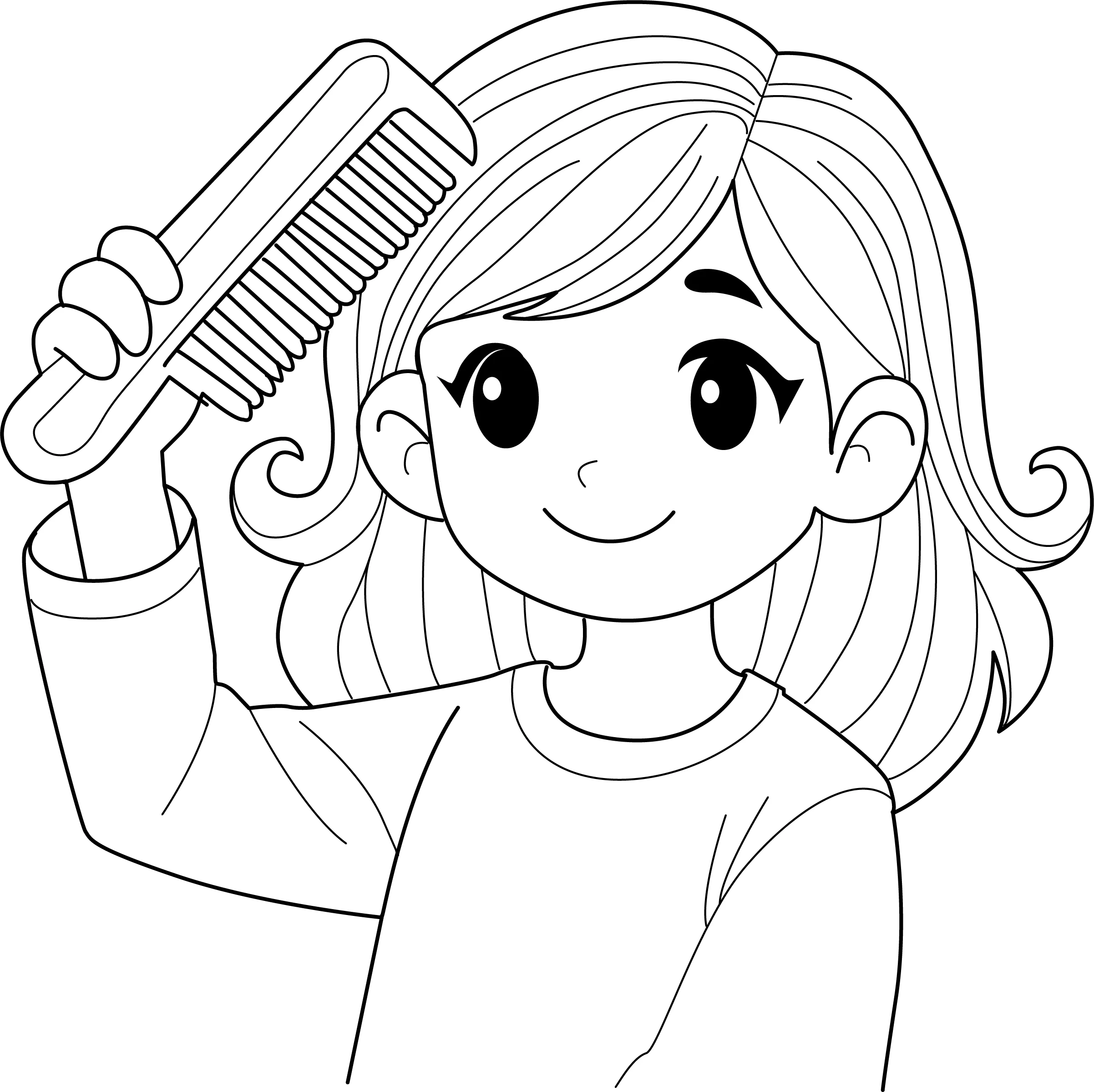Cheerful Young Girl Brushing Hair Adorable Black and White Clipart Illustration