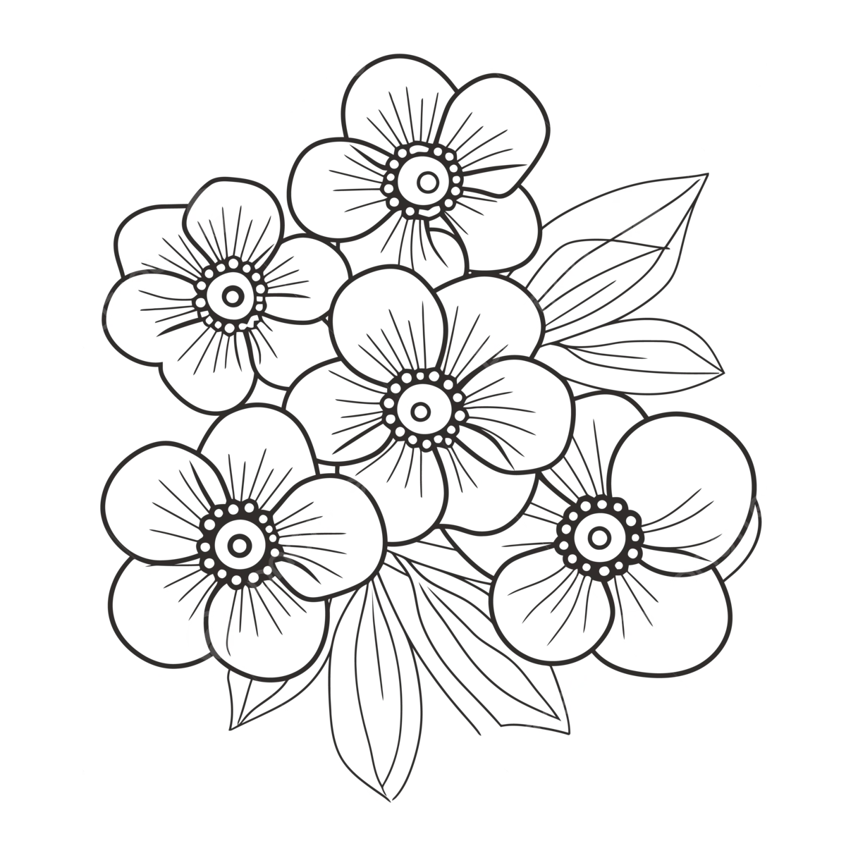 Elegant Monochrome Floral Clipart: Delicate Blossoms and Serene Leaves Composition
