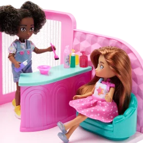 Playful Hair Salon Clipart Scene with Adorable Dolls and Beauty Styling Station