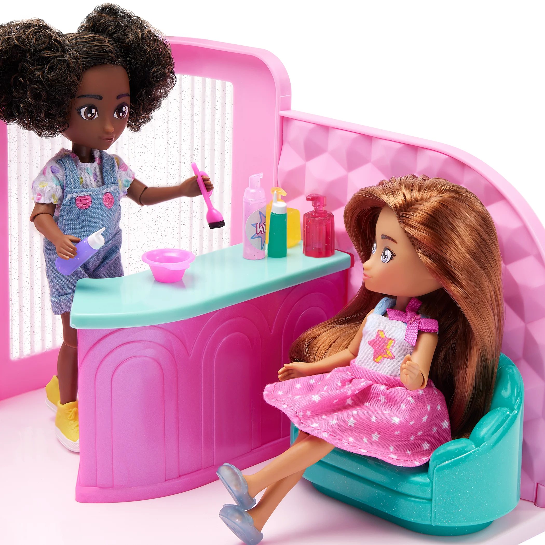 Playful Hair Salon Clipart Scene with Adorable Dolls and Beauty Styling Station