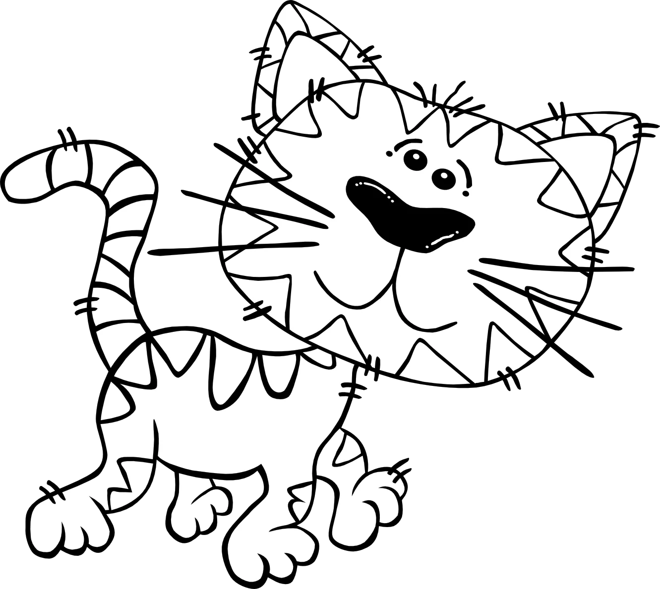Whimsical Black and White Cartoon Cat Clipart - Playful Spiky Feline Design