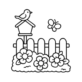 Whimsical Garden Scene Clipart with Charming Bird and Blossoming Flowers