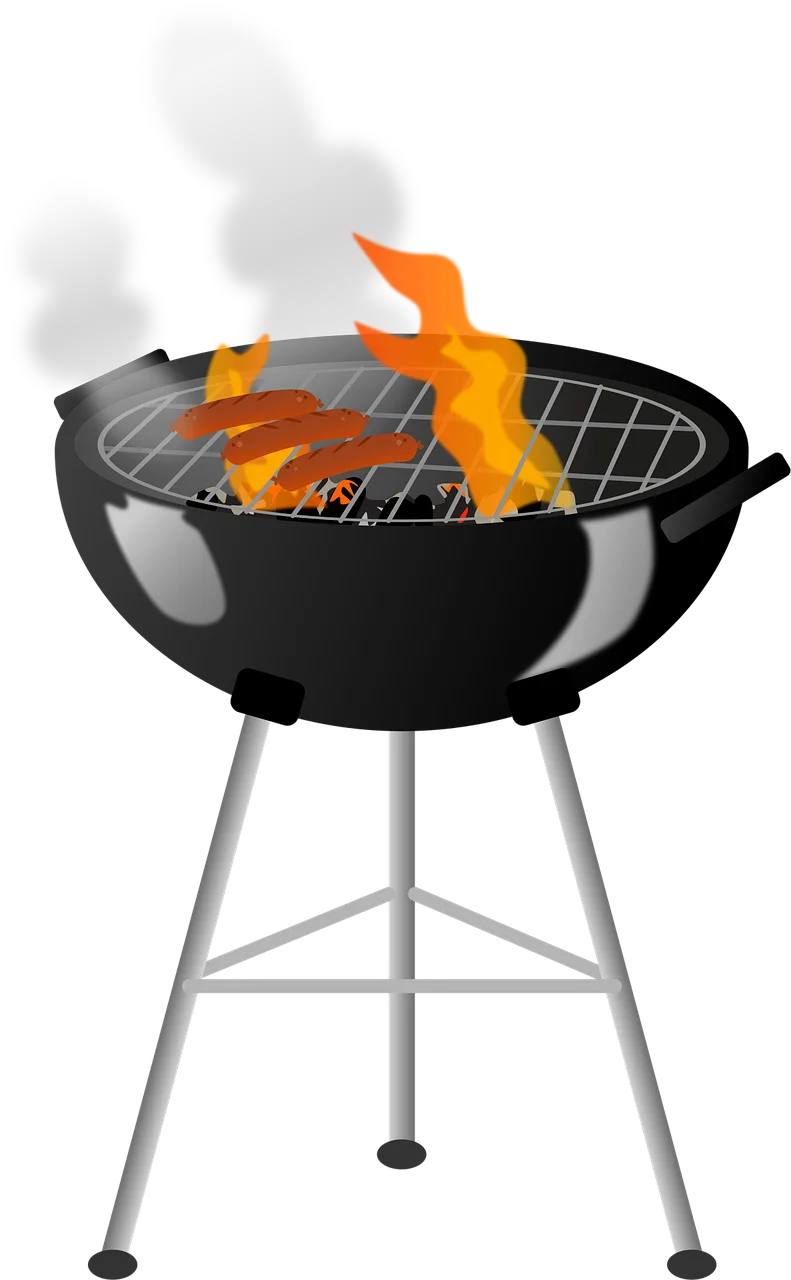 Classic Round Black Charcoal BBQ Grill Clipart with Burning Flames