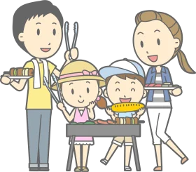 Family BBQ Grill Clipart: Cheerful Outdoor Cooking Scene with Happy Cartoon Characters