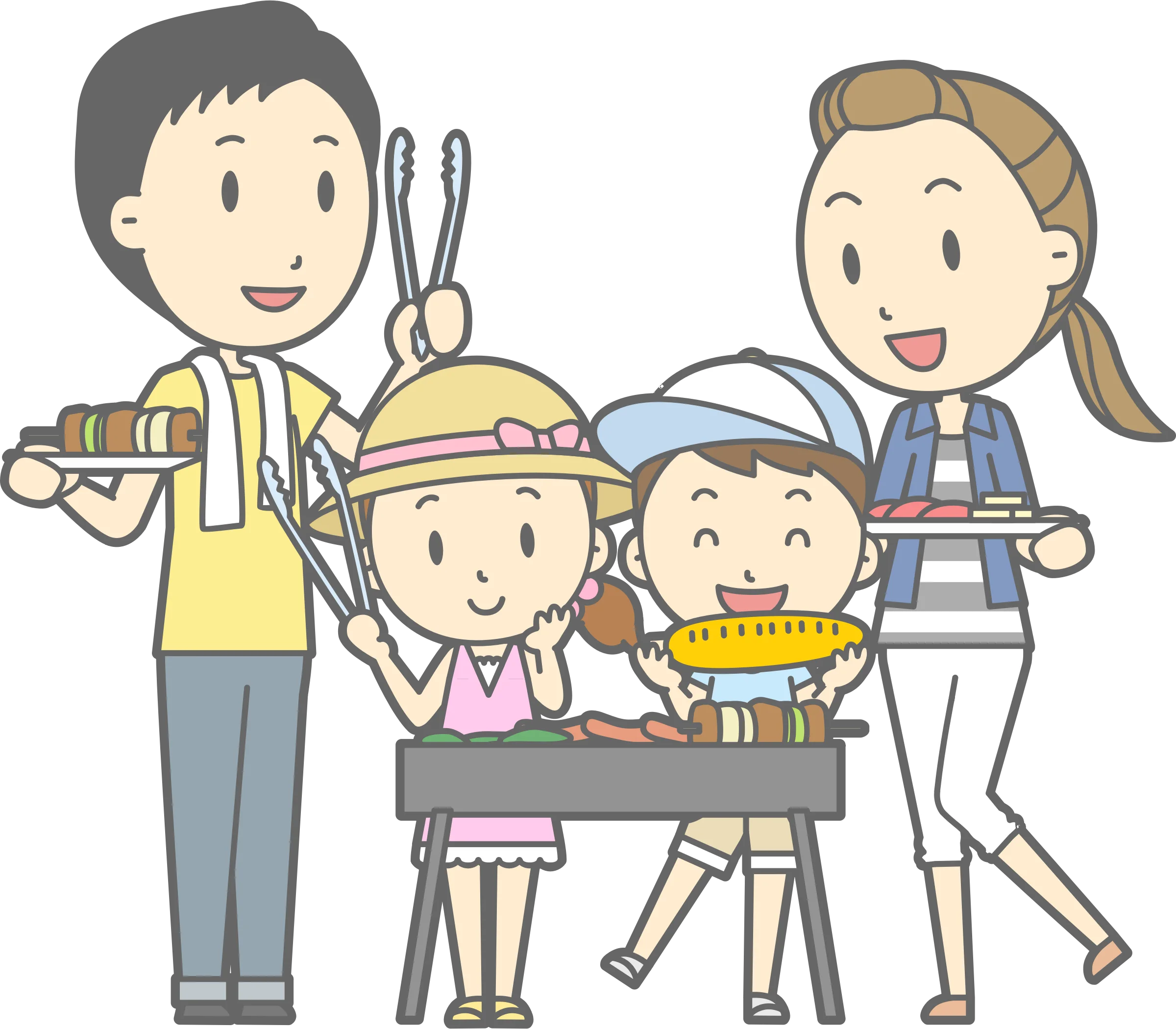 Family BBQ Grill Clipart: Cheerful Outdoor Cooking Scene with Happy Cartoon Characters