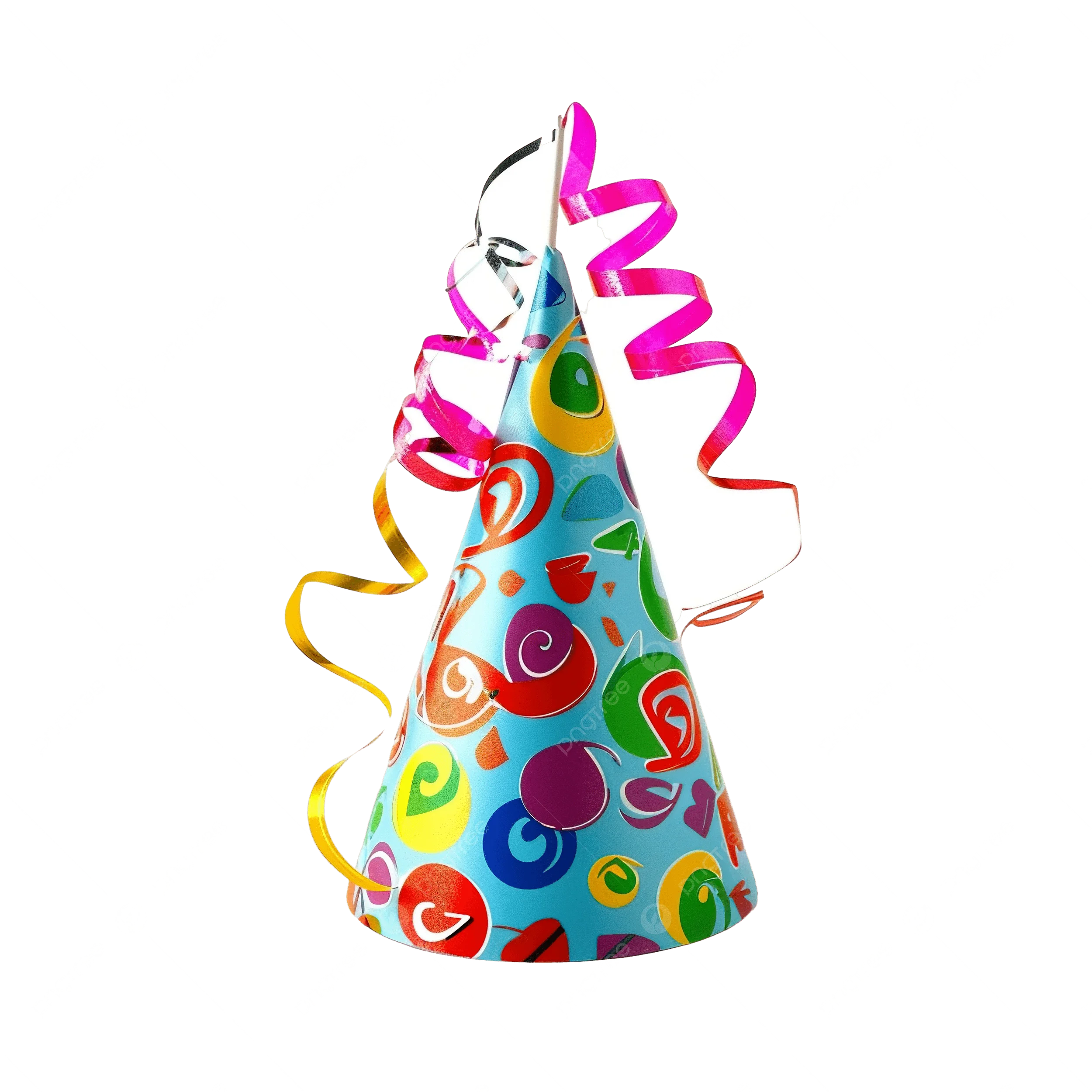Festive Birthday Party Hat Clipart with Colorful Curling Ribbons and Playful Pattern