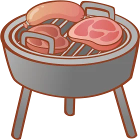 Rustic Round Charcoal BBQ Grill with Sizzling Meat Cuts Clipart Illustration