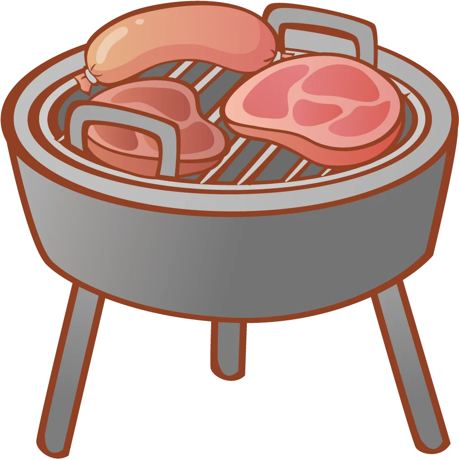 Rustic Round Charcoal BBQ Grill with Sizzling Meat Cuts Clipart Illustration