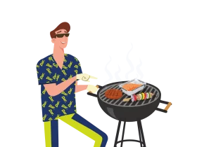 Summer BBQ Party Clipart: Cheerful Grilling Enthusiast in Funky Hawaiian Shirt