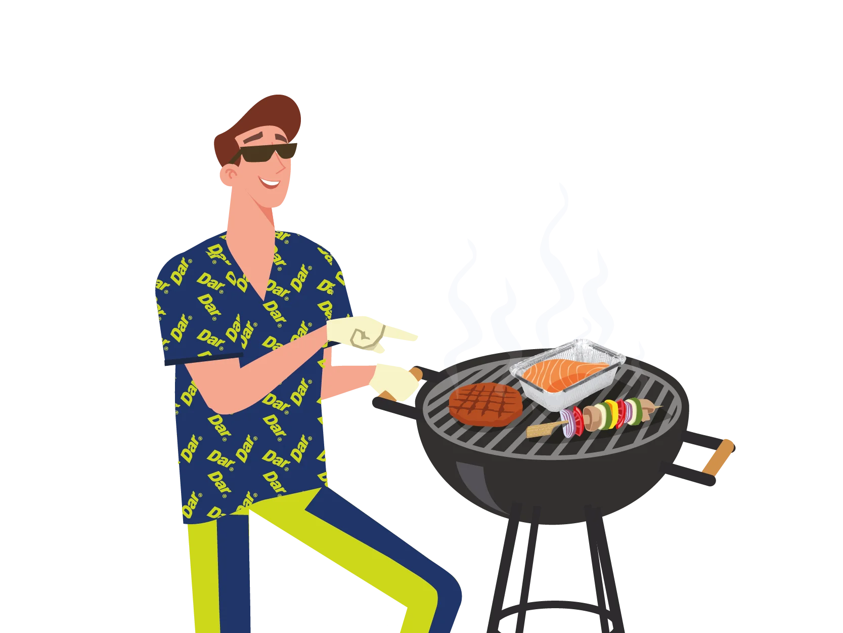 Summer BBQ Party Clipart: Cheerful Grilling Enthusiast in Funky Hawaiian Shirt